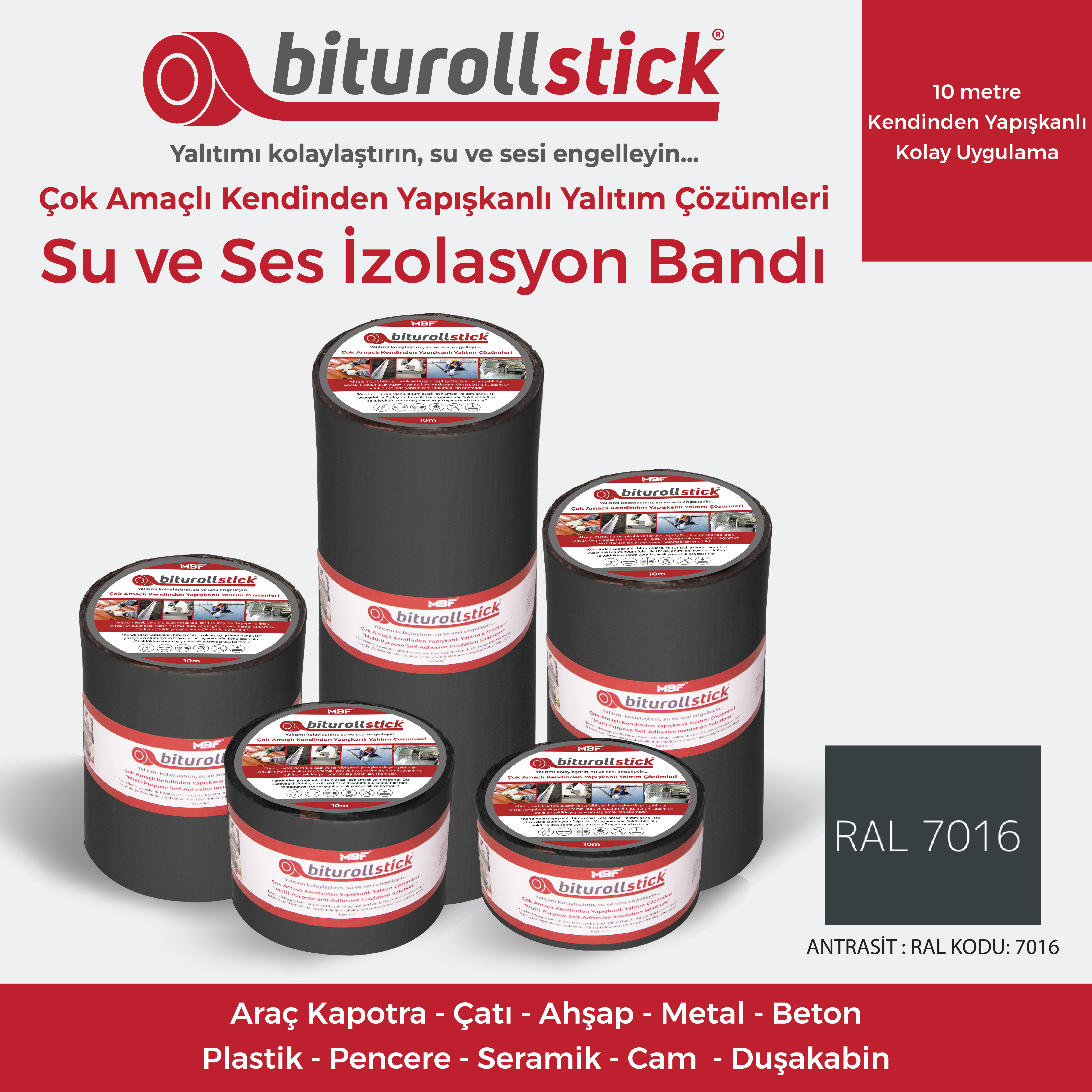 biturollstick Yapışkanlı Su Yalıtım Bandı Antrasit 30 cm X 10 M