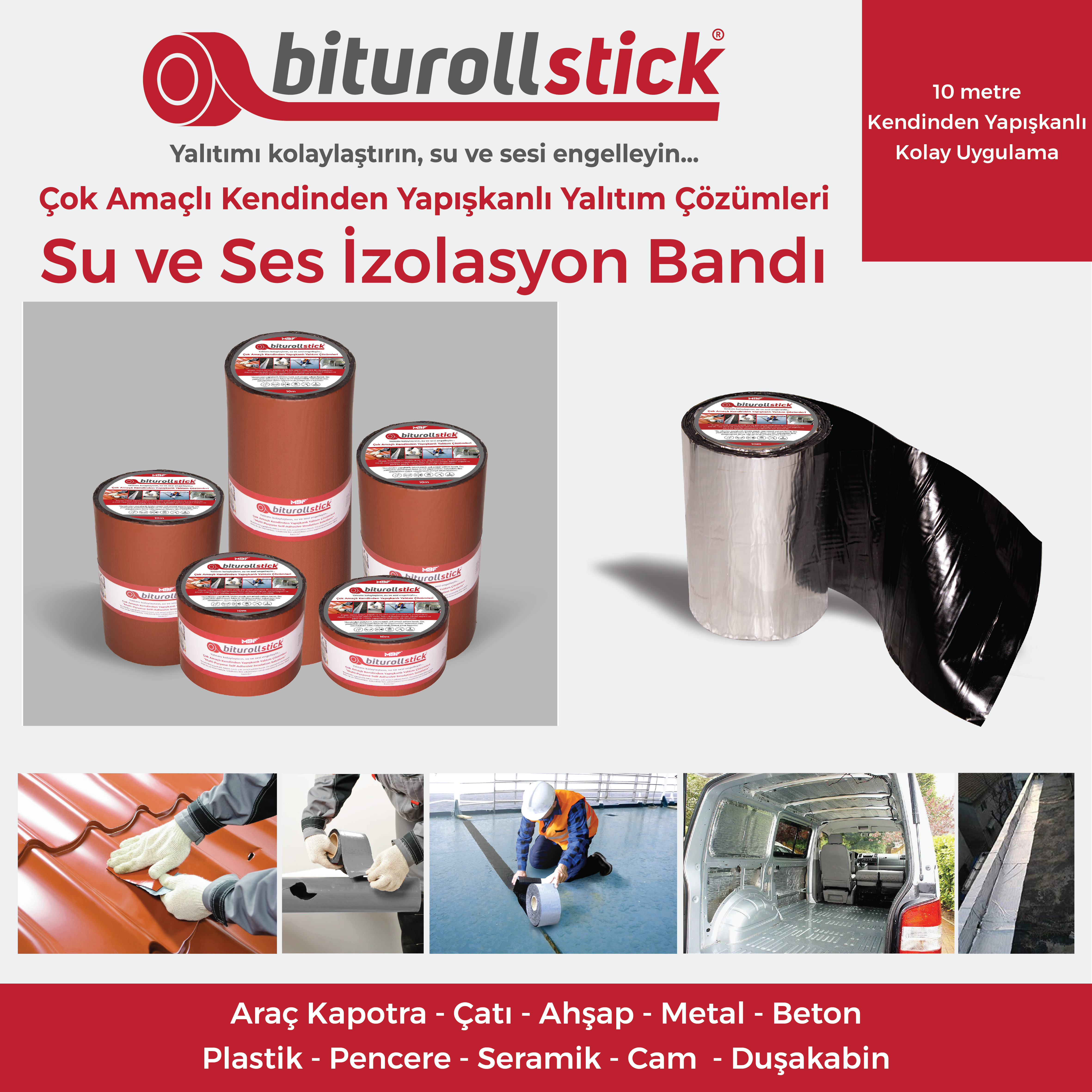 biturollstick Yapışkanlı Su Yalıtım Bandı Kırmızı 30 cm X 10 M